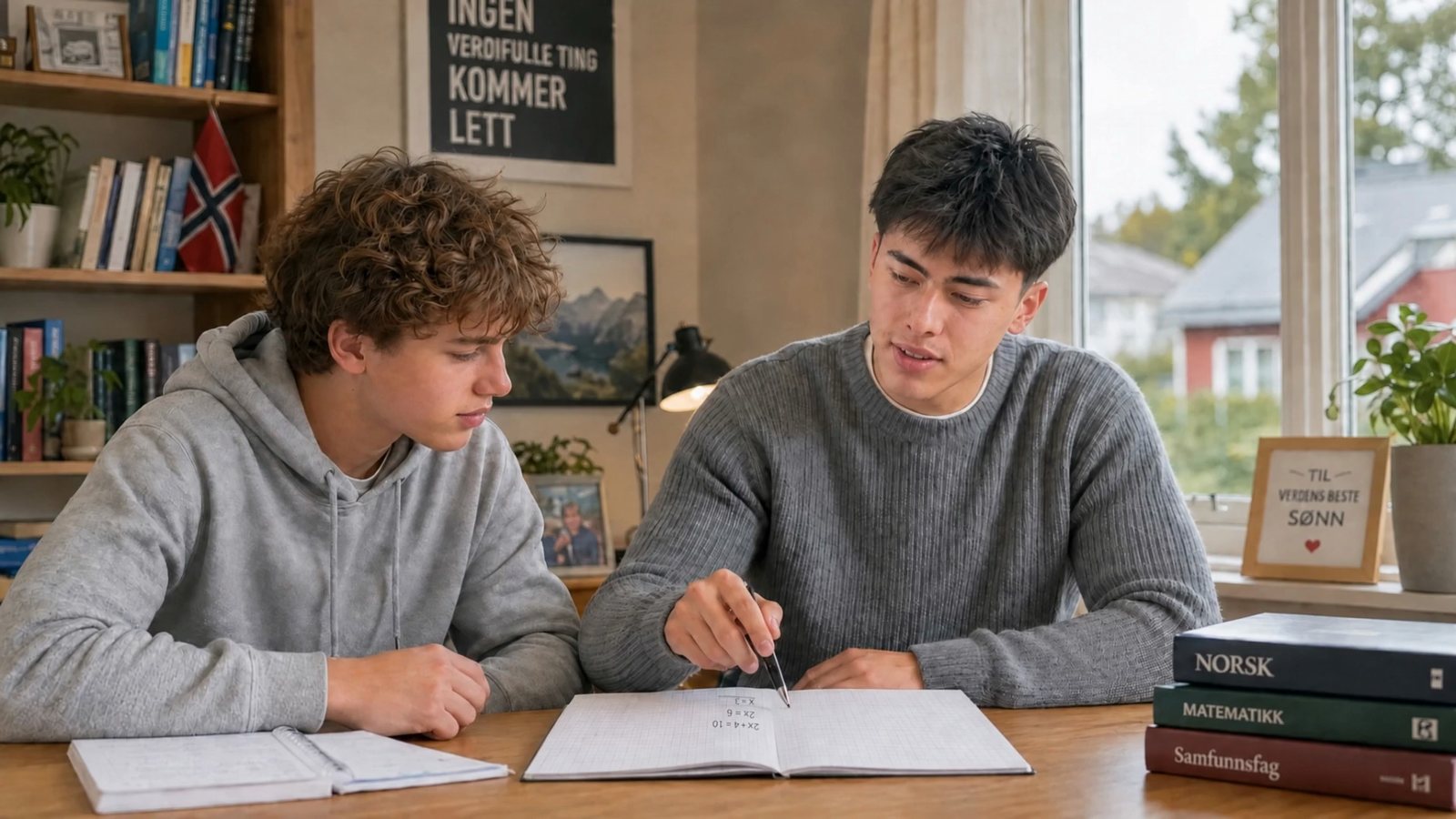 David Belsnes hjelper en elev med en matteoppgave ved et skrivebord