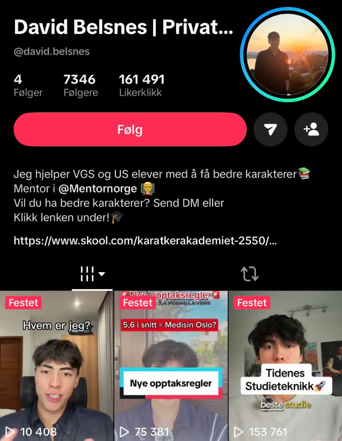 TikTok-profilen @david.belsnes med 7 346 følgere og videoer med skoletips