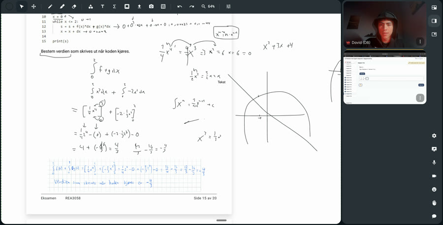Skjermbilde fra en time: den digitale tavlen med håndskrevne utregninger til en eksamensoppgave i R2-matematikk, David på kamera og elevens skjermdeling